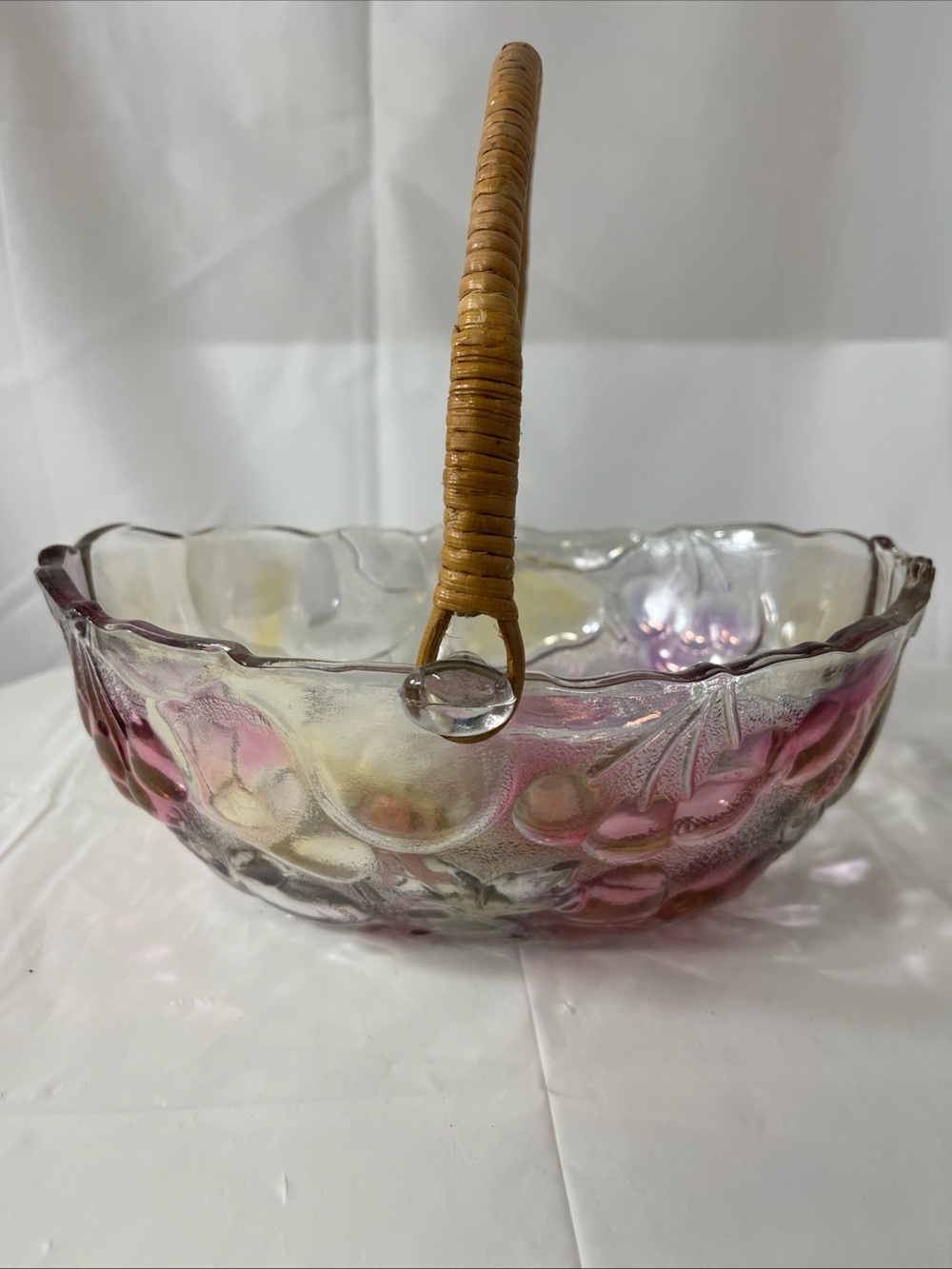 Indiana Glass Pink and Clear Iridescent Grape Motif Basket